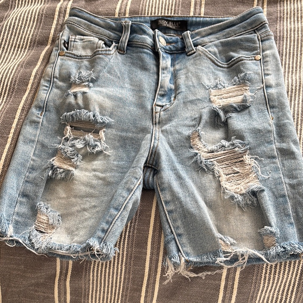 Distressed Light Blue Denim Shorts
